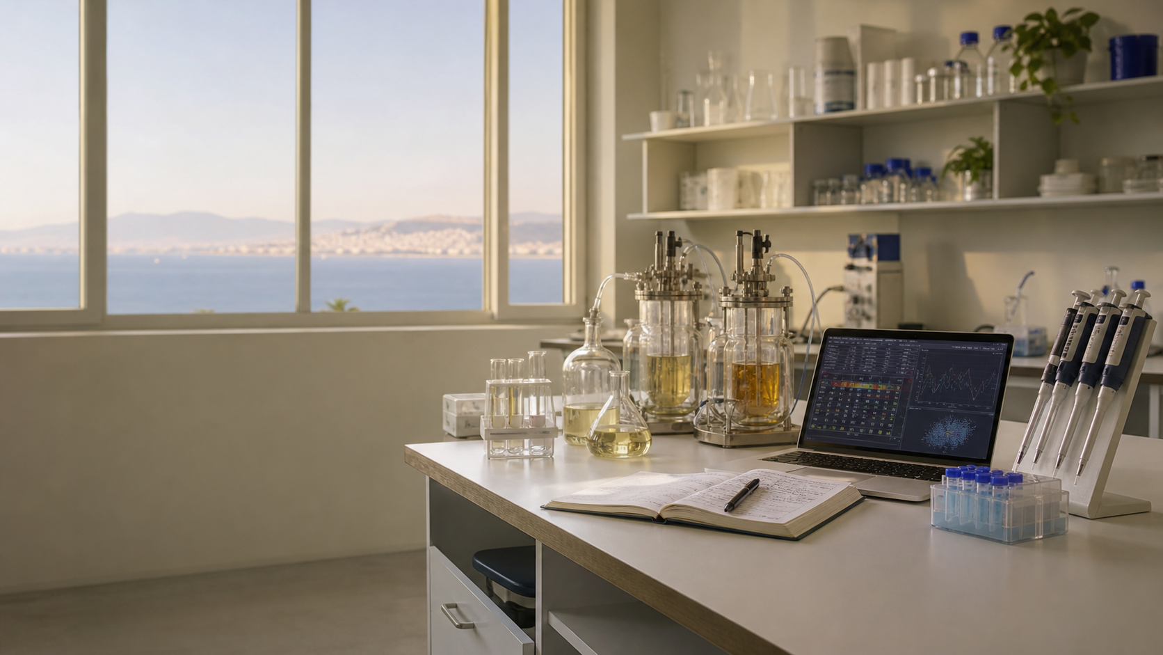 Fermentation teaching lab with bioreactors, a lab notebook, and a laptop for data analysis.
